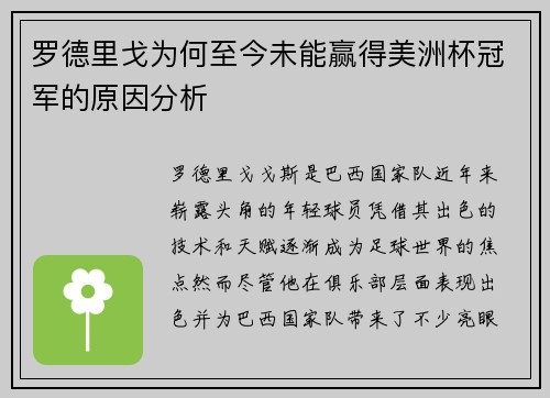 罗德里戈为何至今未能赢得美洲杯冠军的原因分析